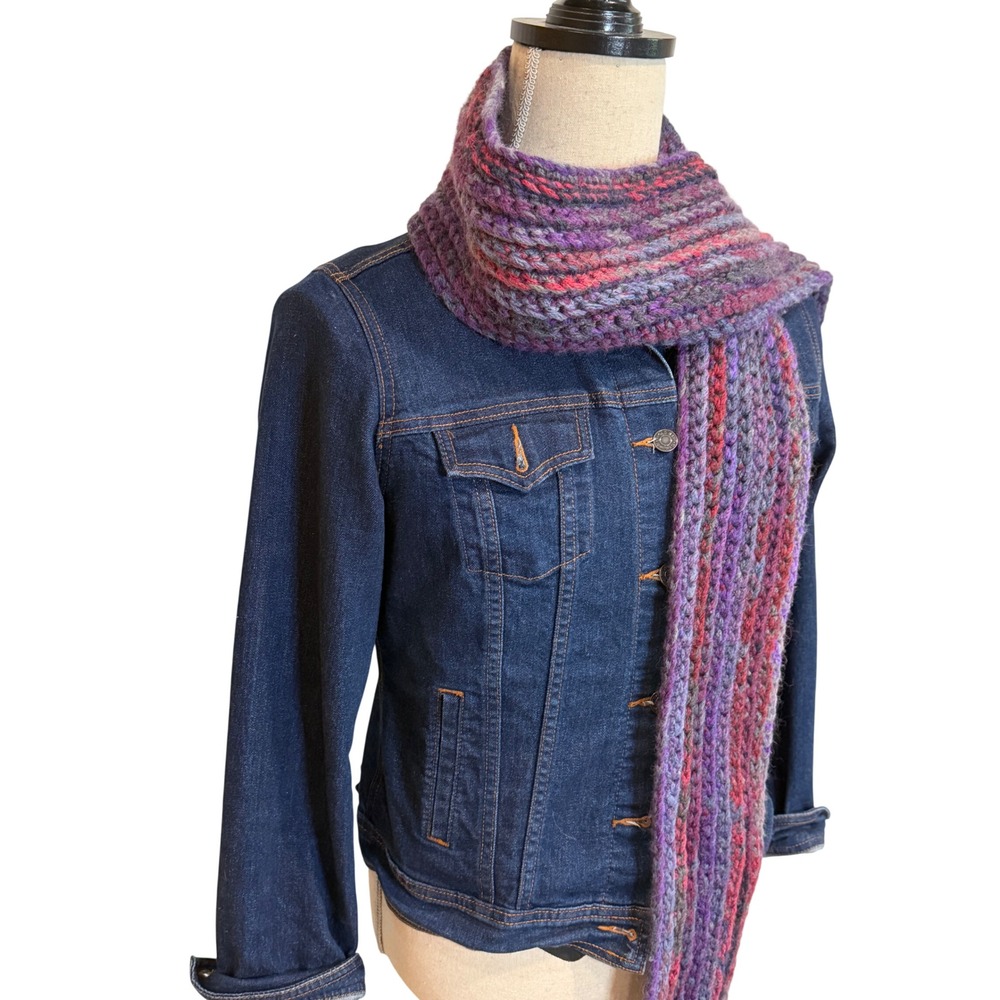 Handmade Multicolor Knit Scarf Purple Magenta Boho Chunky Ribbed Winter Wrap